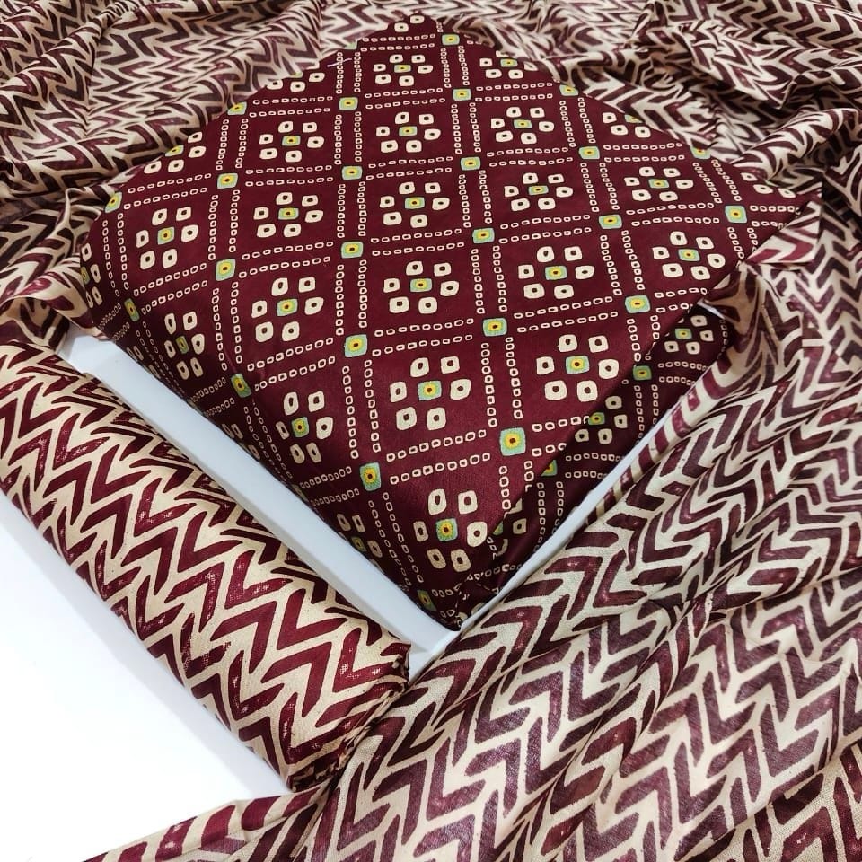 74c378dd-ad8b-4a41-bc67-f60d676771ae Red - 3PIC Cotton bandhani dress Material - Image 1