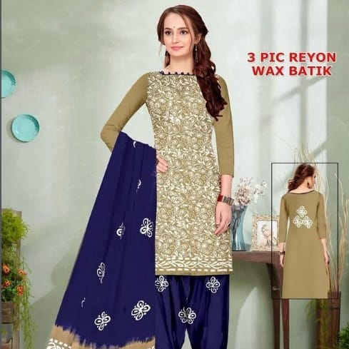 green batik light olive green - Rayon Batik 3pic Dress Material - Image 1